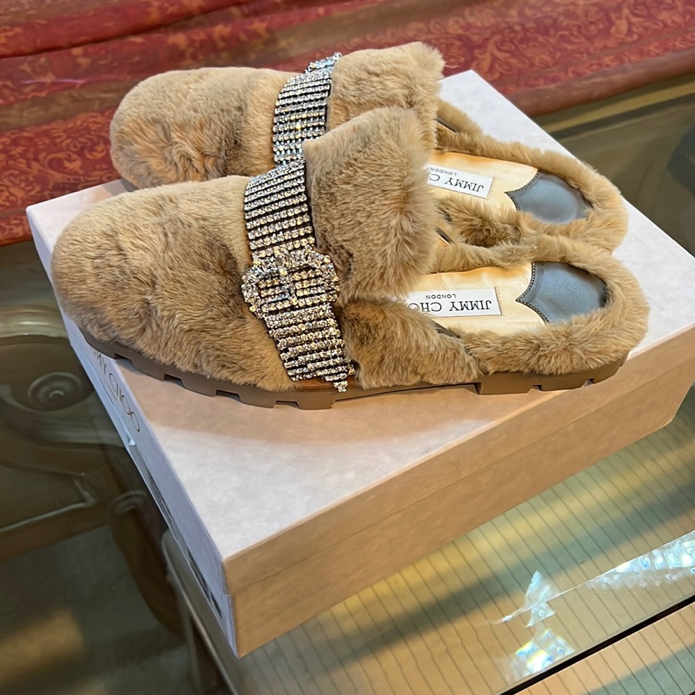 Jimmy Choo Ronnie Flat ZVO Teddy/Chrystal Flat Mule, Size 39